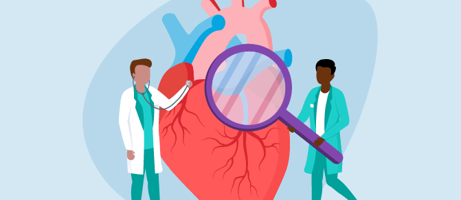 Illustration of physicians holding stethoscope and magnifying glass.