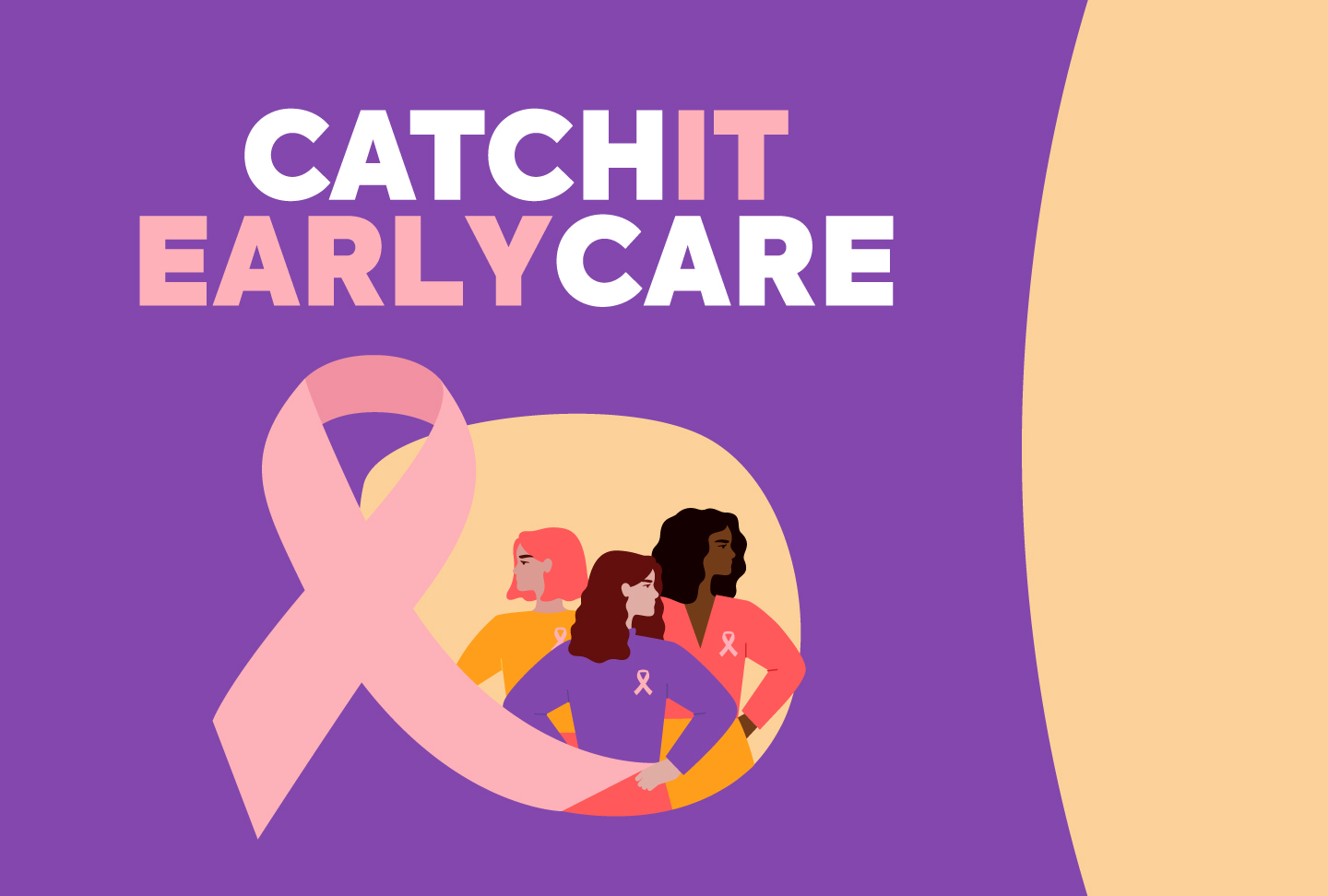 Illustration of group of women and pink ribbon. Text reads "CatchItEarlyCare"