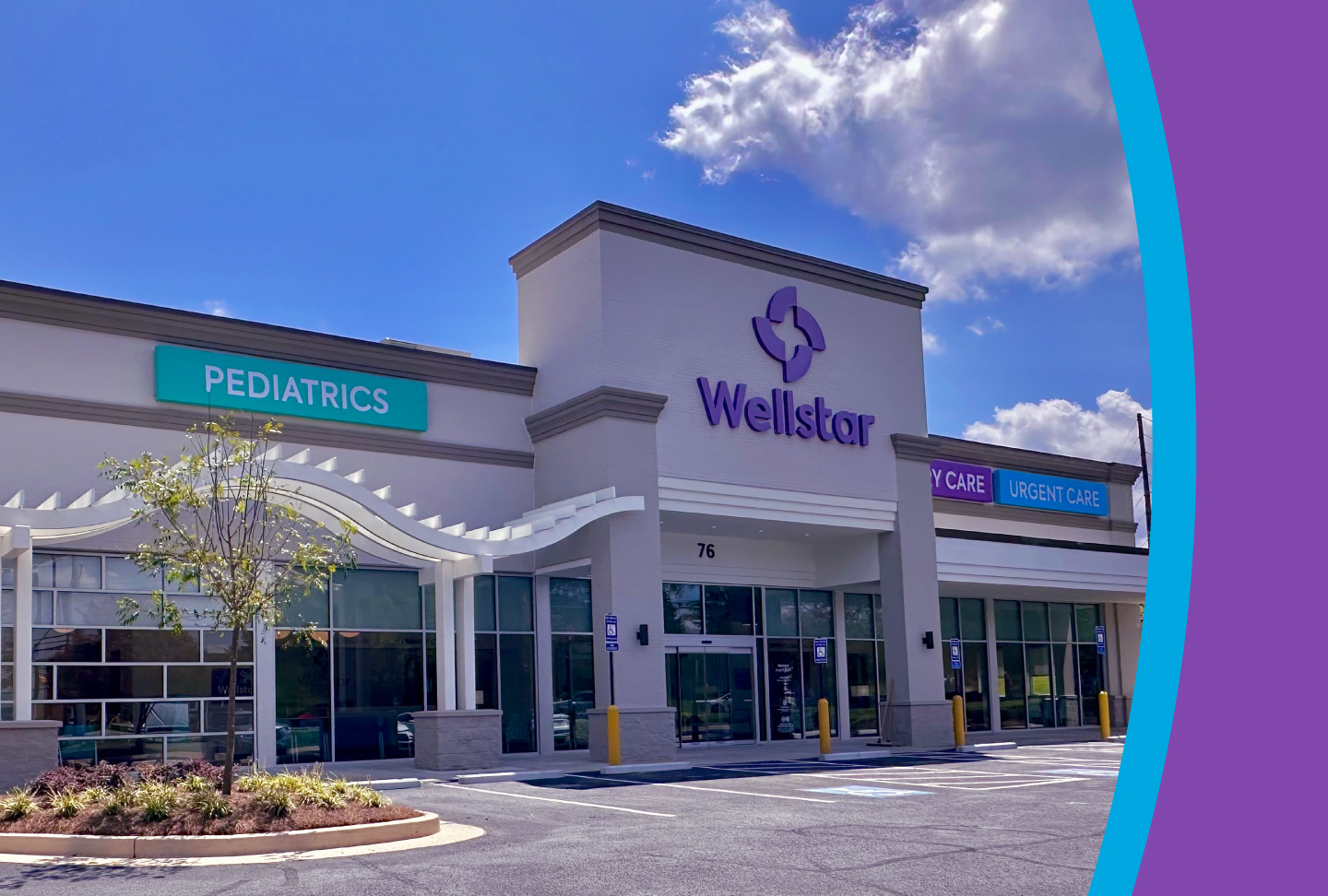 New, modern building in Dallas, Georgia with fresh paint and Wellstar logo features signs for urgent care, primary care, pediatrics and pediatric cardiology locations. The pediatrics side of the building has playful, curved awning to reflect its young patients' personalities.