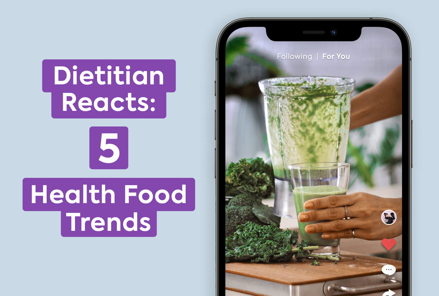 Photo on phone of someone juicing vegetables. Text reads "Dietitian Reacts: 5 Health Food Trends"
