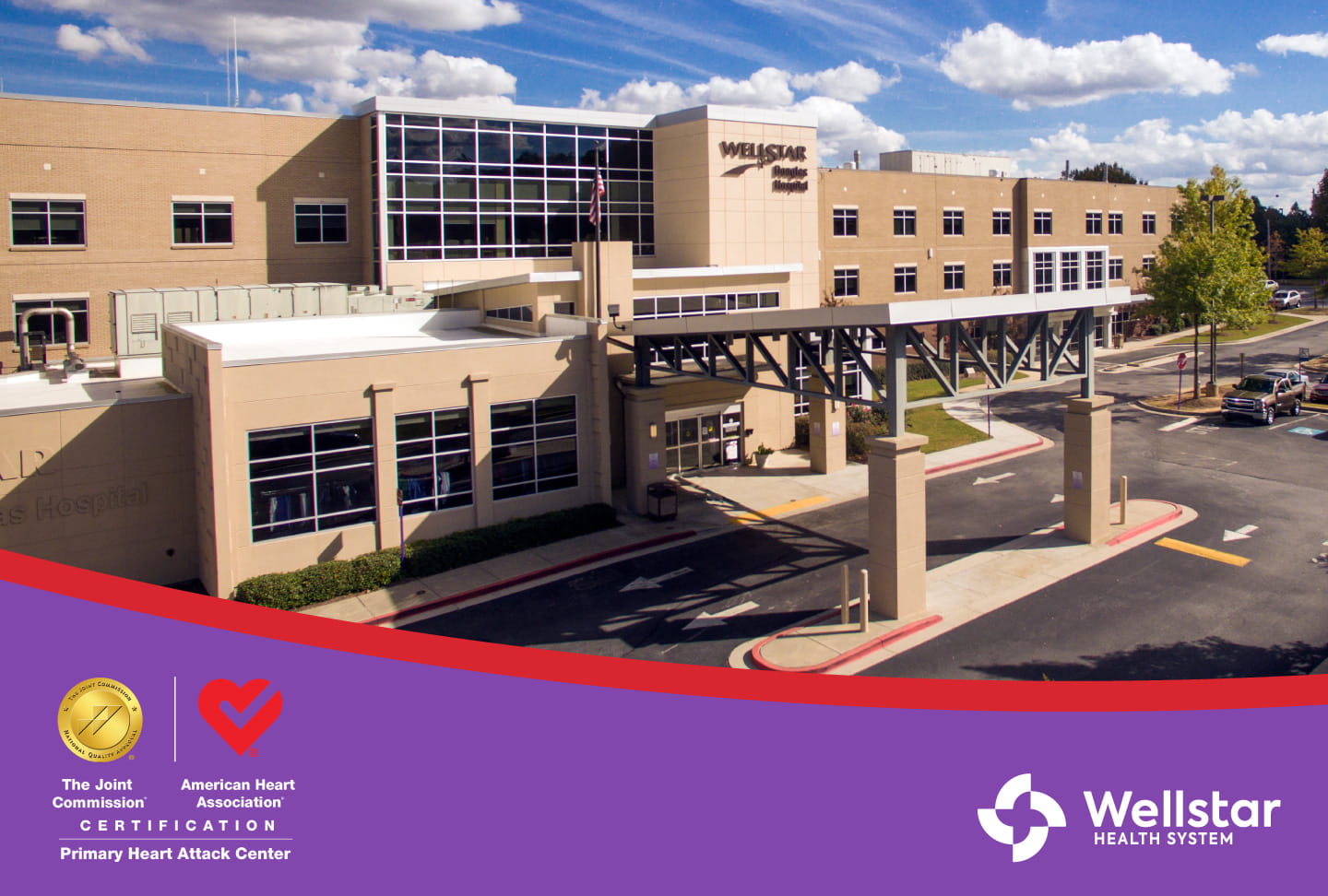Exterior photo of Wellstar Douglas Hospital, Joint Commission and American Heart Association logos and text reads "Certification Primary Heart Attack Center." Wellstar logo at bottom right
