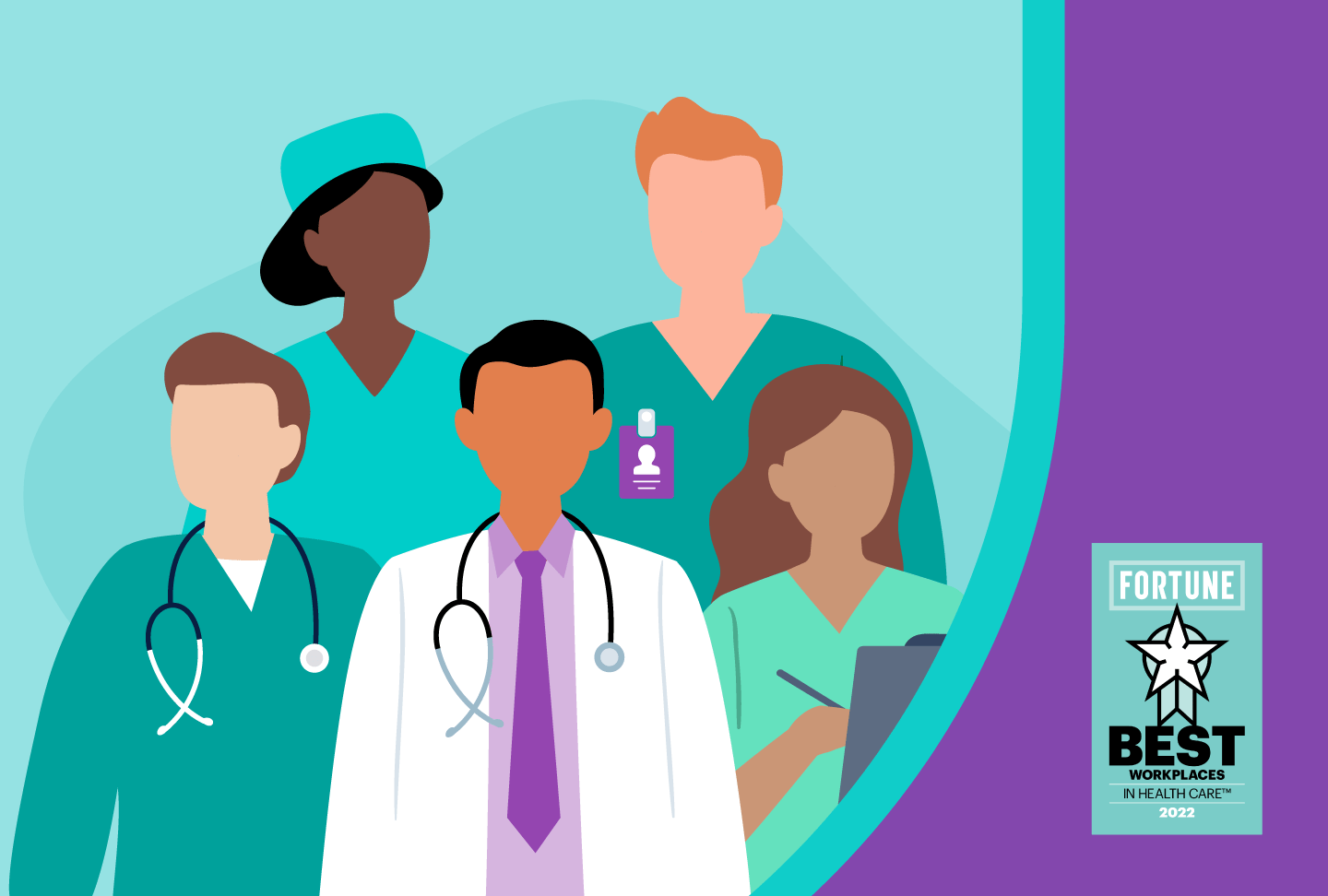 Illustration of medical providers, Fortune Best Workplaces in Health Care logo
