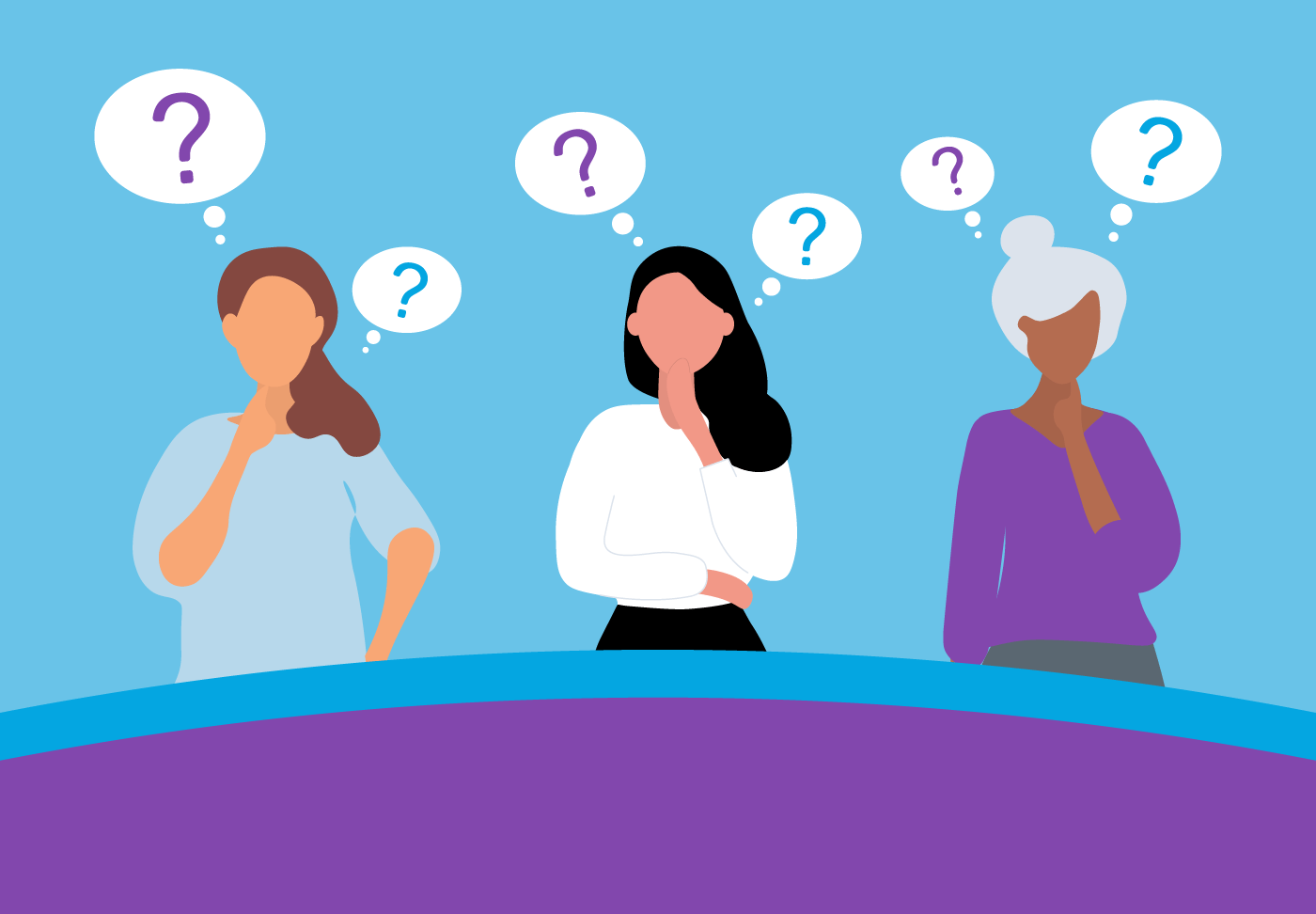 Illustration of group of women, thought bubbles and question marks