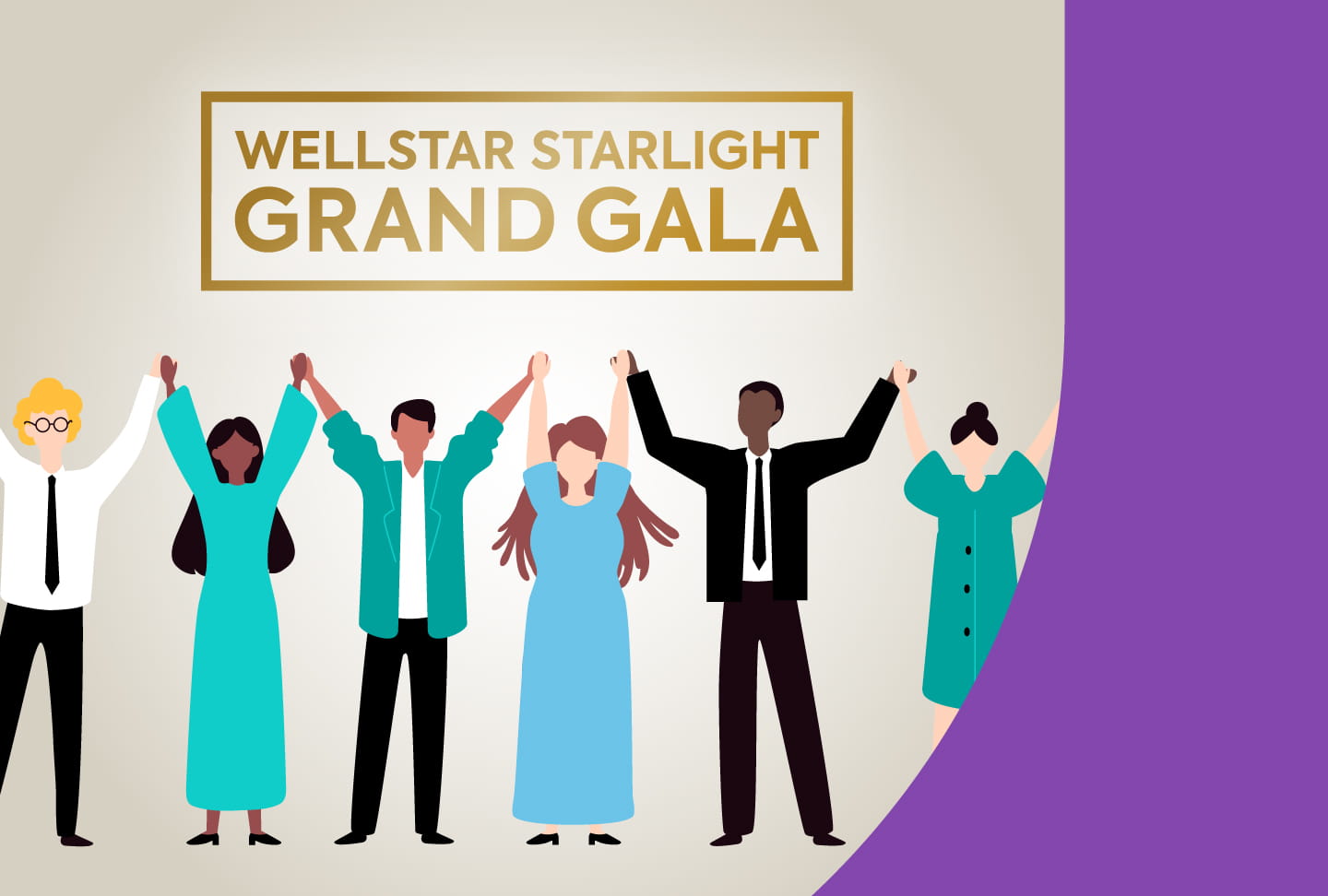 Illustration of people holding hands with hands raised. Text reads "Wellstar Starlight Grand Gala"