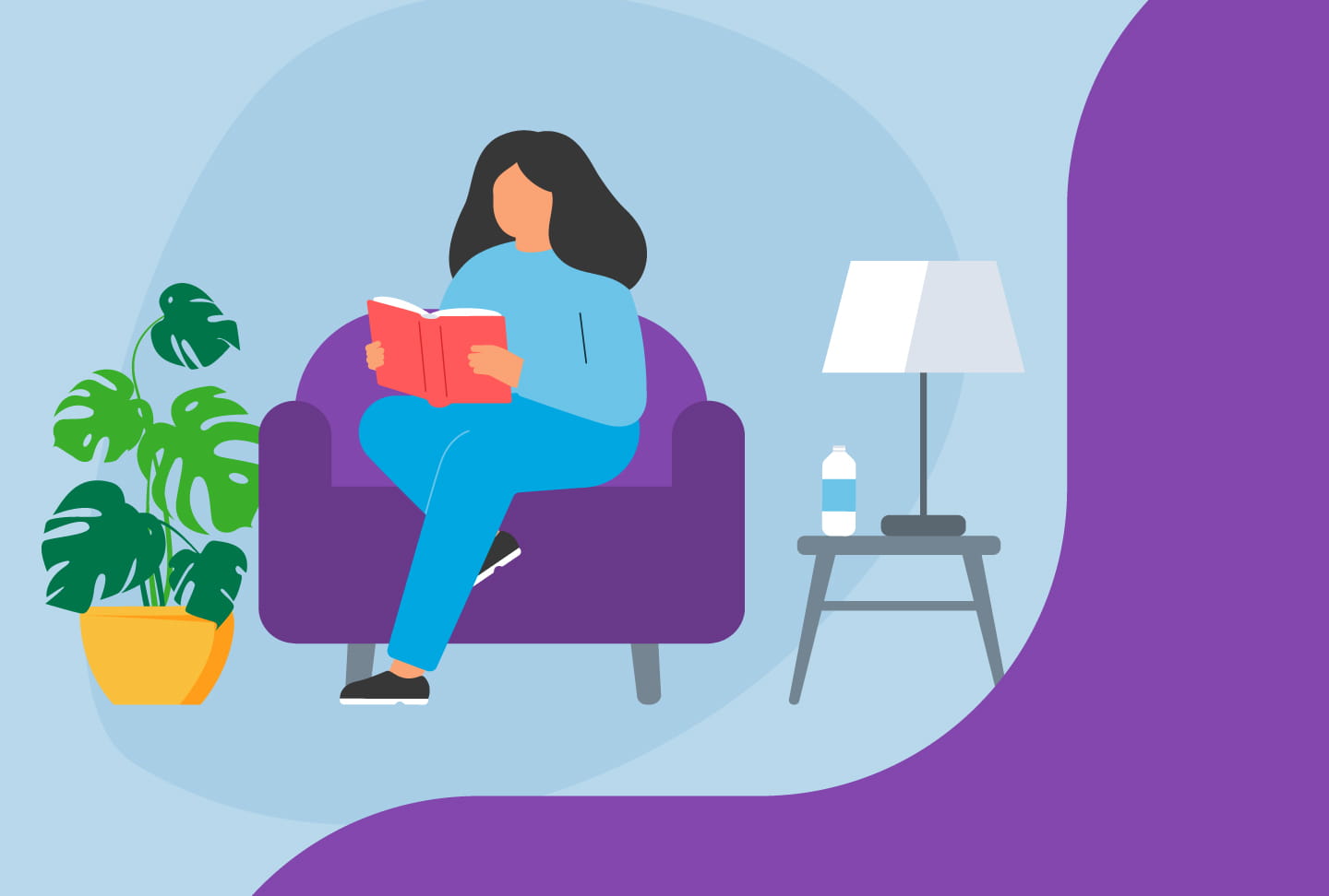 Illustration of person sitting on couch and reading, plant in corner