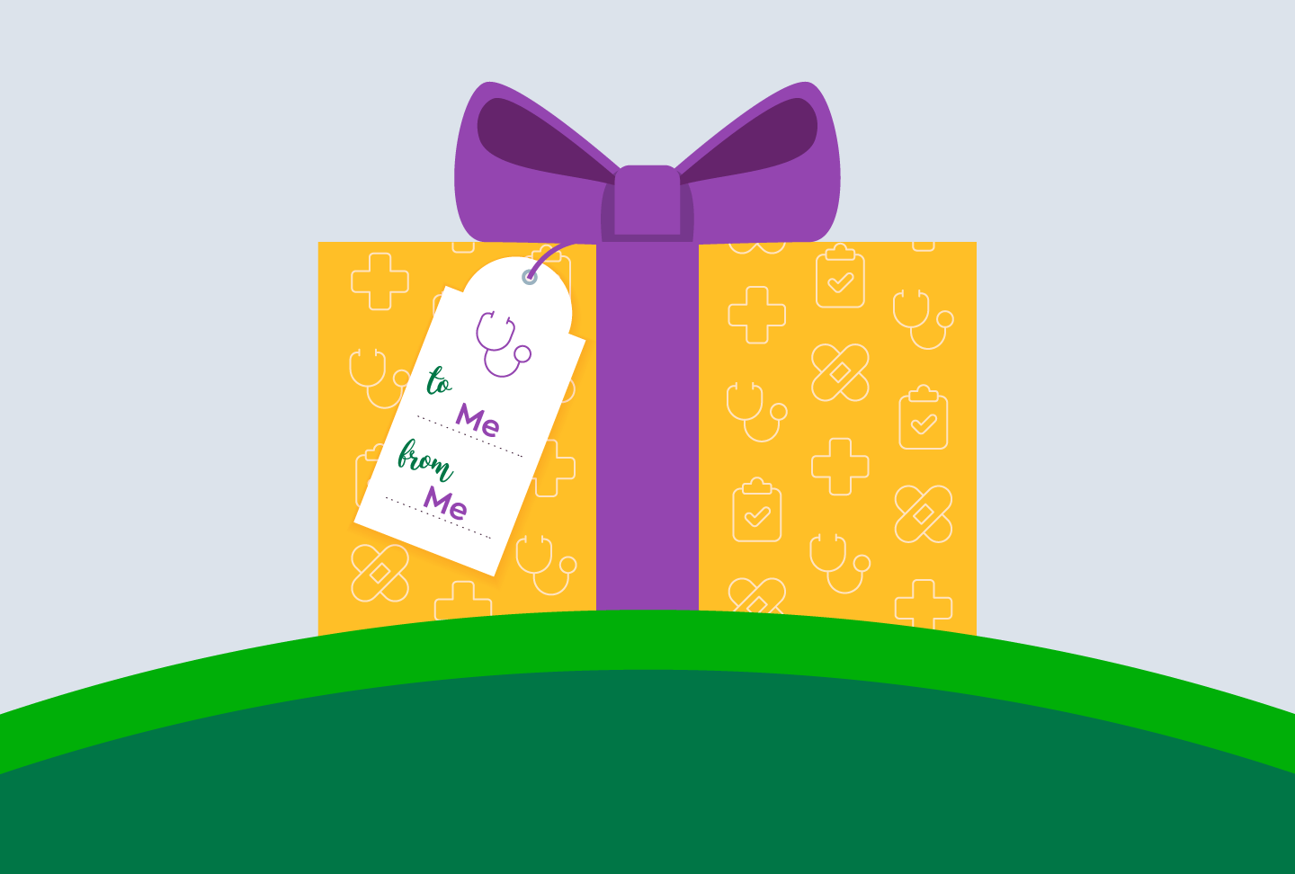 Illustration of a yellow present wrapped with a purple bow with a gift tag reading "To: Me, From: Me."