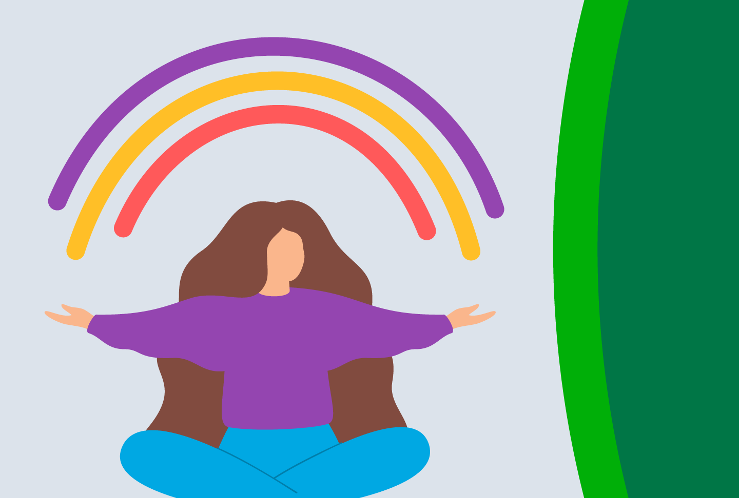 Illustration of a woman practicing yoga under a rainbow.