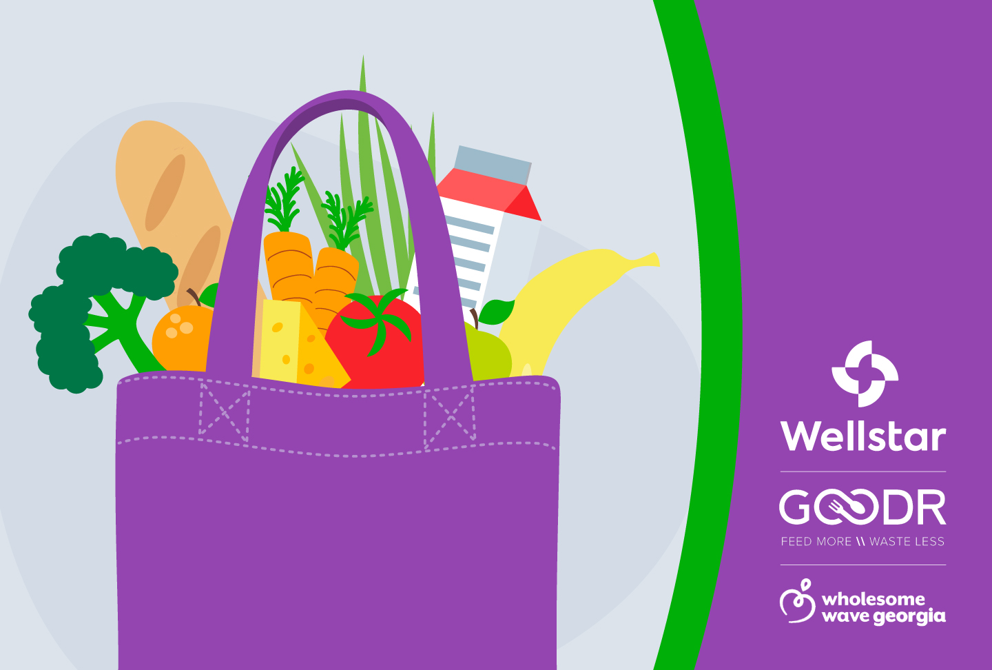 Illustration of bag of groceries. Wellstar, Goodr and Wholesome Wave Georgia logos
