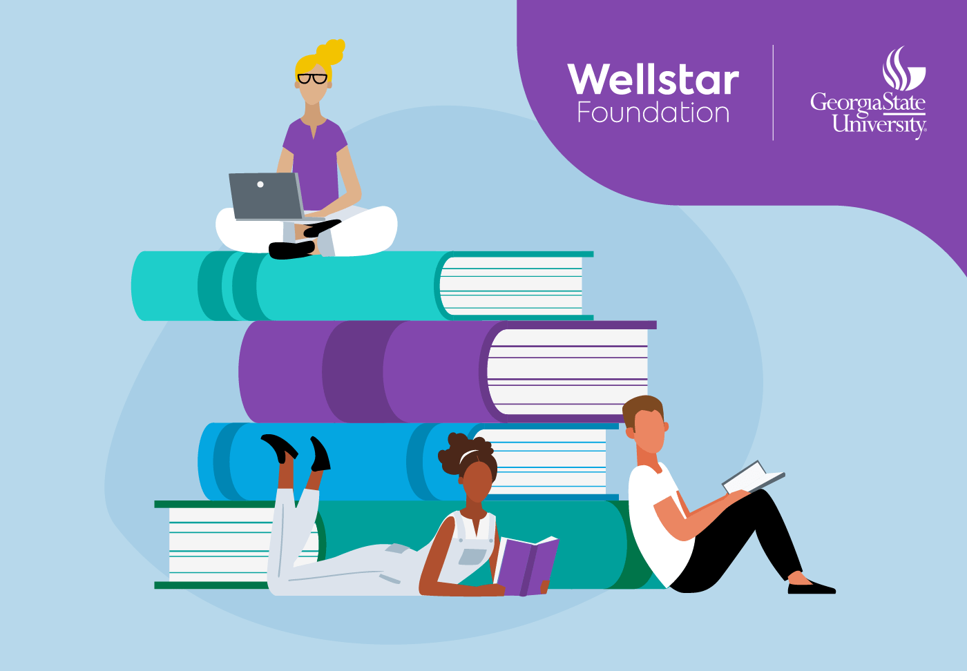 Illustration of stack of books and people studying. Wellstar Foundation and Georgia State University logos.