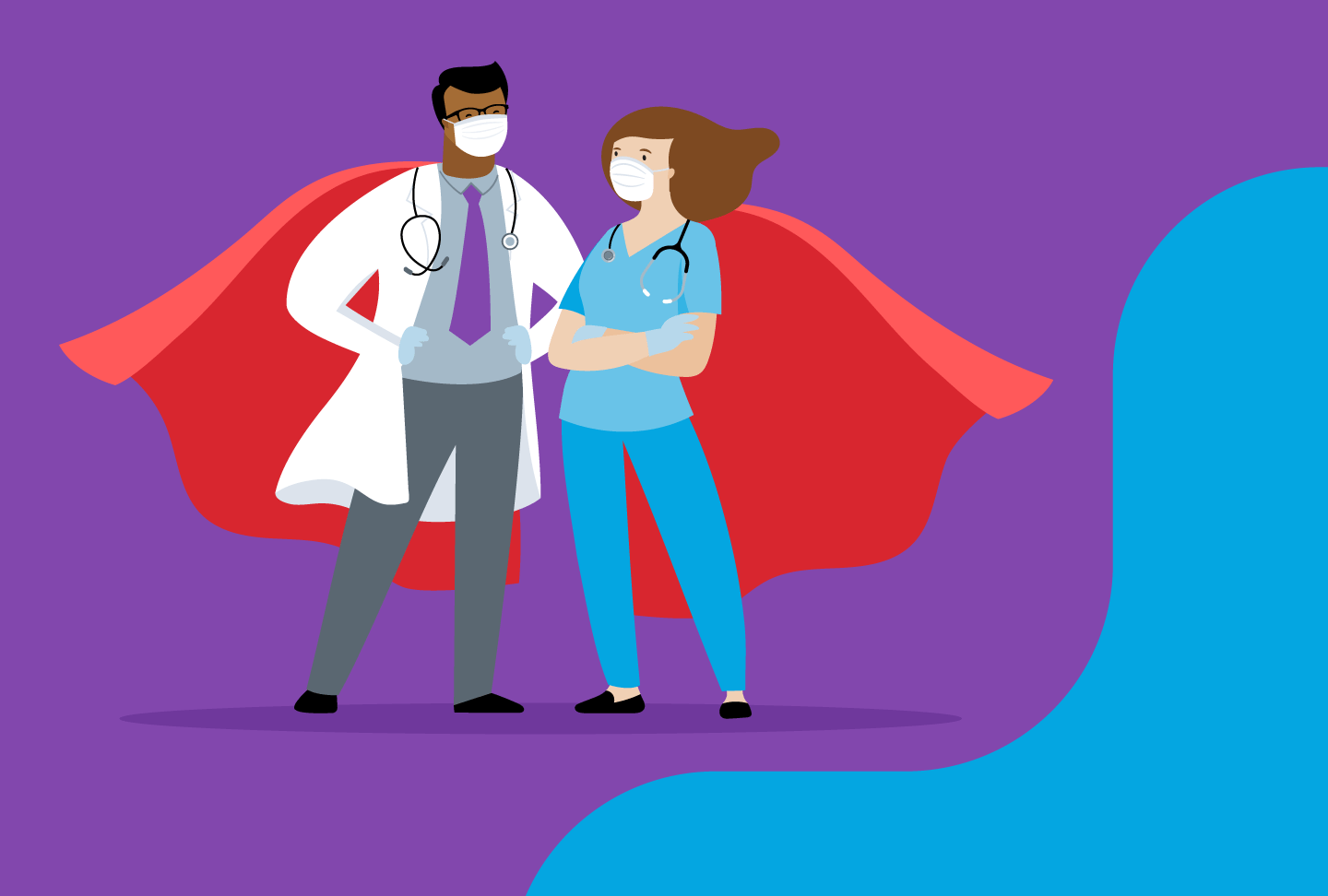 Illustration of two healthcare providers with masks and superhero capes