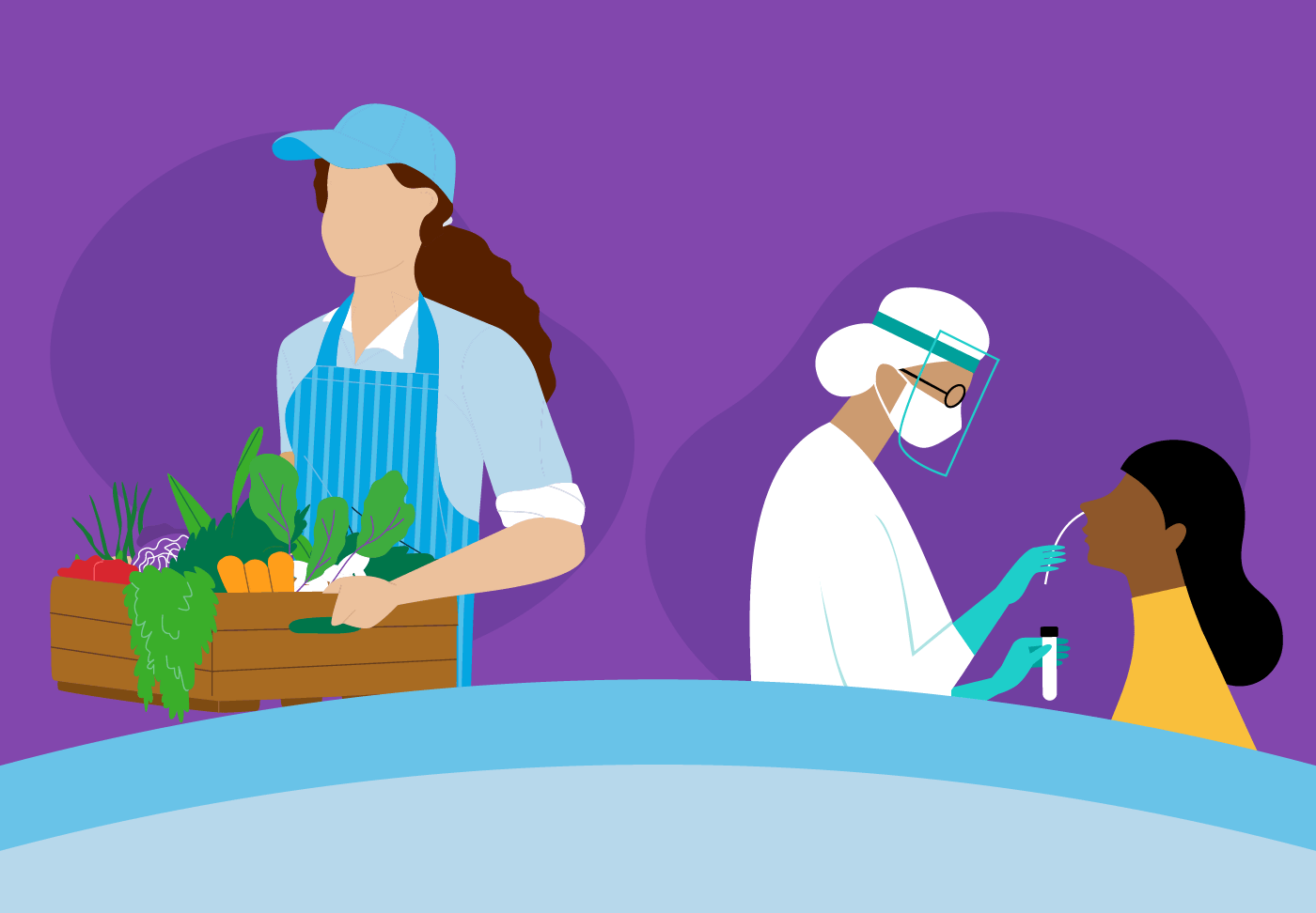 Illustration of someone with box of groceries, provider giving COVID-19 test