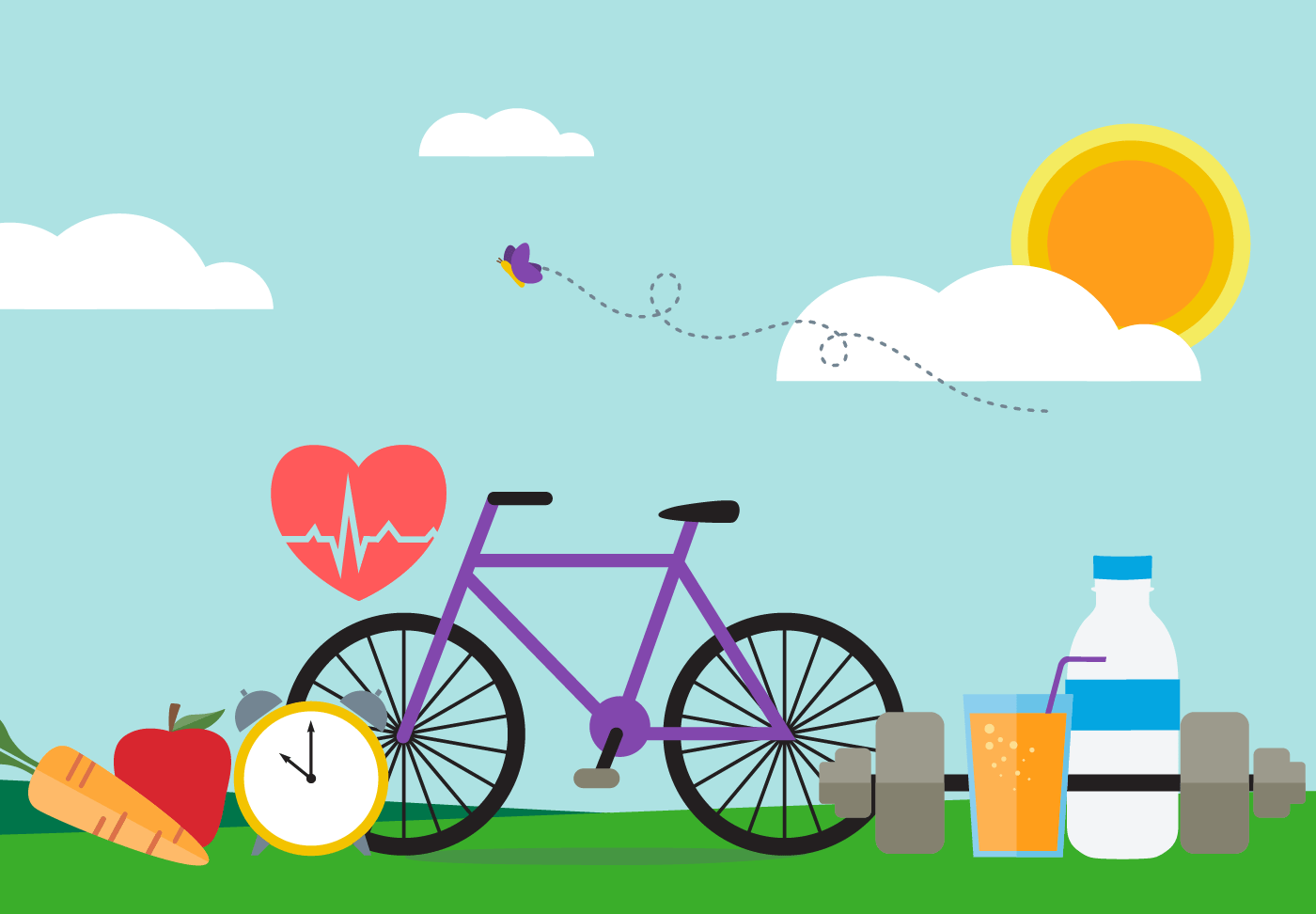 Habits to Become the Healthiest You Illustration of a purple bike surrounded by healthy symbols, including an apple, carrot, clock and weight.