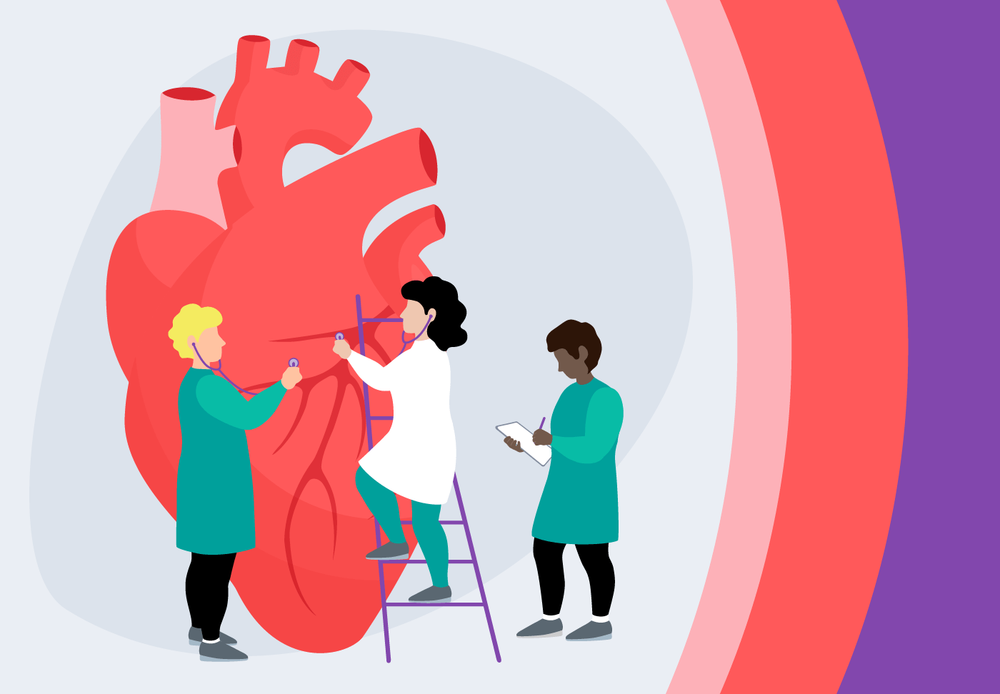 Illustration of cardiovascular experts repairing a heart together.