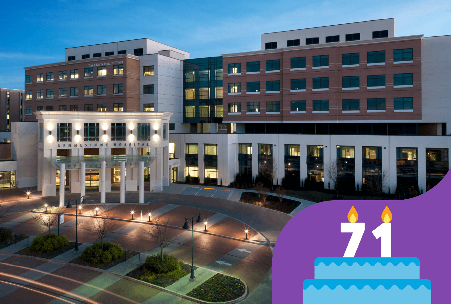 Exterior of Wellstar Kennestone Hospital with birthday cake and candles reading "71"