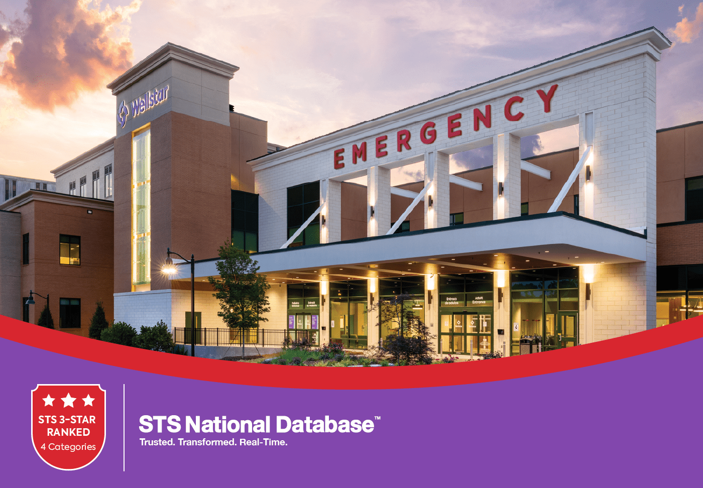 Wellstar Kennestone Achieves Elite National Recognition in Cardiothoracic Surgery Wellstar Kennestone Regional Medical Center is pictured. Text reads "STS National Database. Trusted. Transformed. Real-Time." and "STS 3-star ranked. 4 categories."