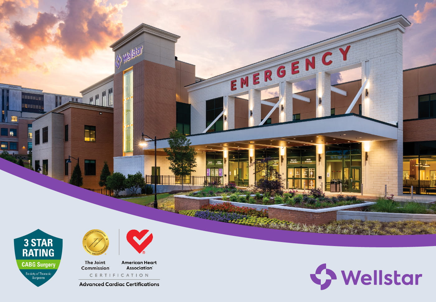 A photo of Wellstar Kennestone Regional Medical Center, the 3 Star Rating, Joint Commission C4 certification and Wellstar logo