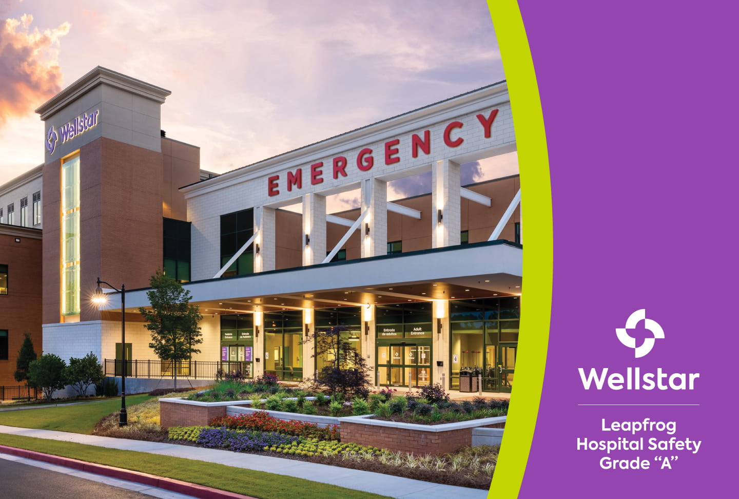 Exterior photo of Wellstar Kennestone Regional Medical Center. Wellstar logo. Text reads "Leapfrog Hospital Safety Grade A"
