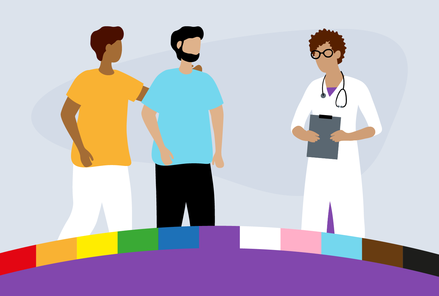 Two people who identify as LGBTQ+ speaking with doctor.