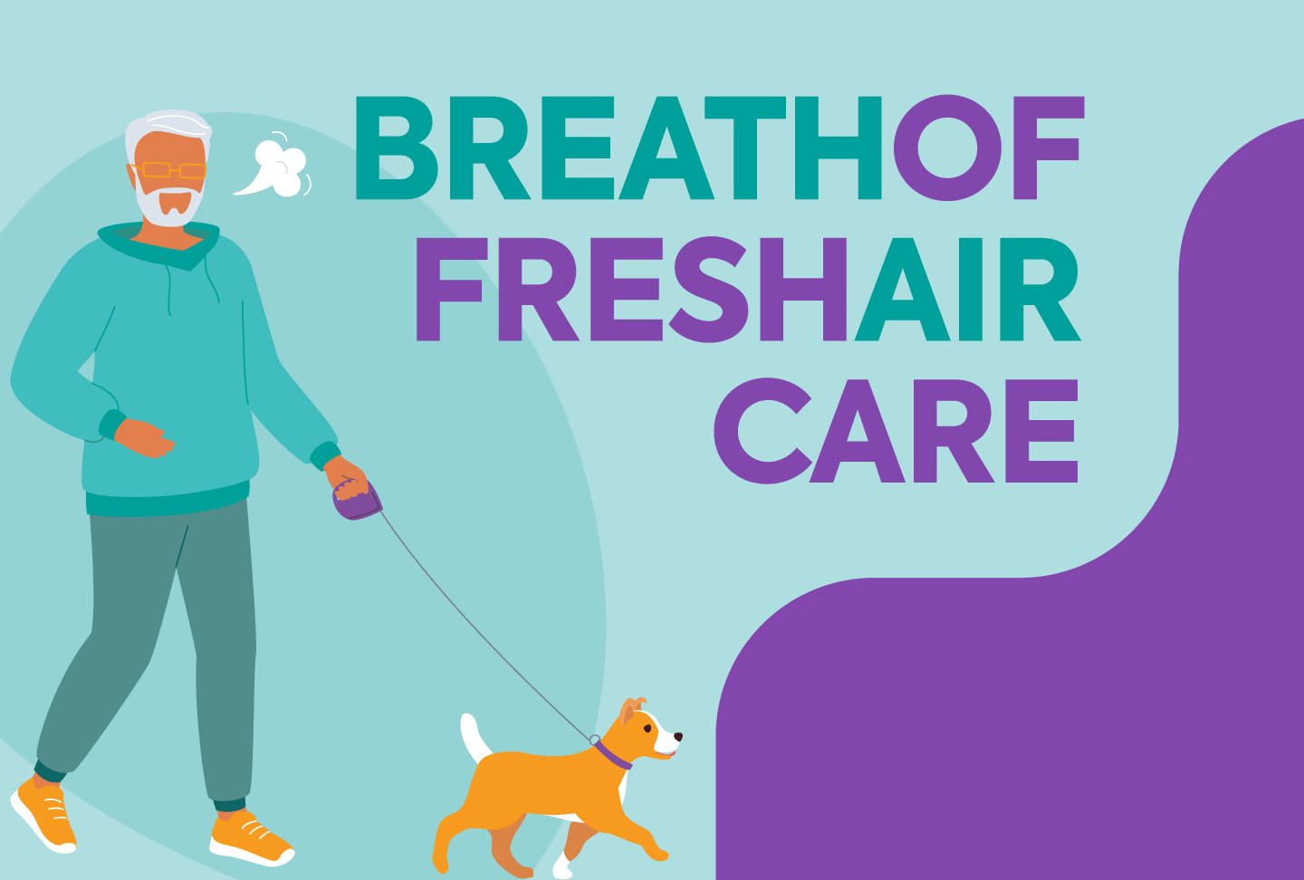 Illustration of person walking dog. Text reads "BreathofFreshAirCare"