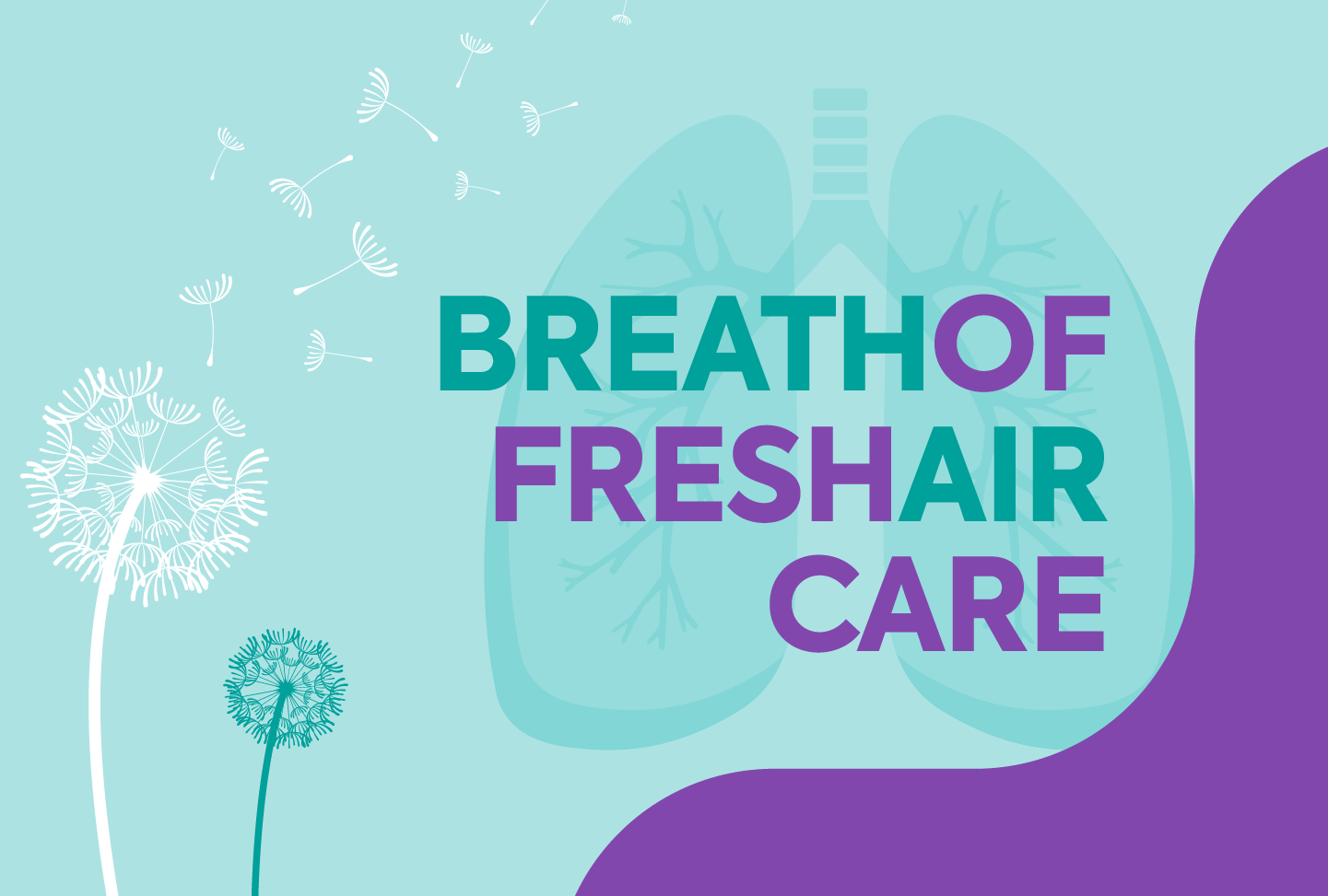 Illustration of lungs and dandelions, text reads "BreathofFreshAirCare"