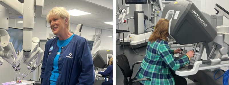 Left photo: Pam Plasket, Wellstar oncology nurse navigator, spoke with participants at the recent Lung Cancer Showcase. Right photo: Dr. Theolyn Price, Wellstar thoracic surgeon, explains how she uses the da Vinci robotic system to perform lung surgeries.