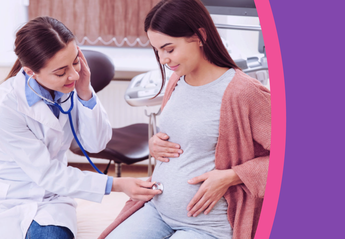 Healthcare provider listens to her pregnant patient's stomach area using a stethoscope