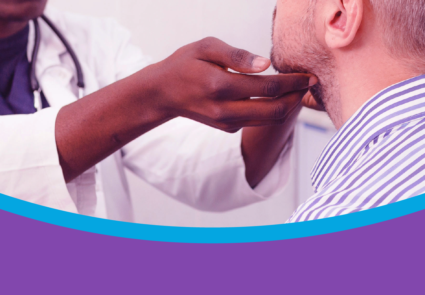 A head and neck cancer specialist examines a patient's neck.