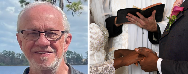 On the left: Michael Teston headshot. On the right: Reverend Michael Teston performs weddings, including the wedding of his Wellstar doctor.  