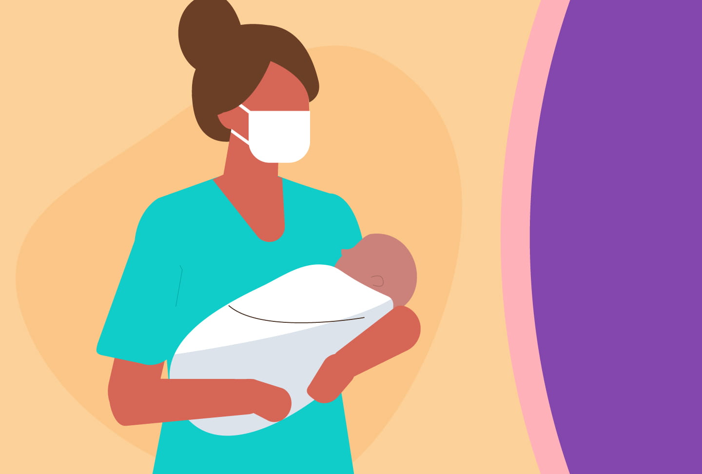 Illustration of provider with mask holding baby