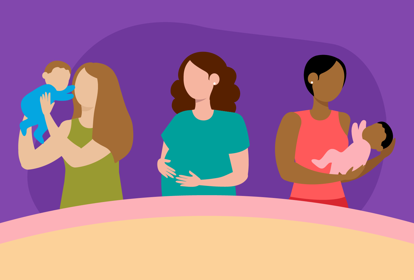 Illustration of two mothers holding babies, pregnant woman in middle