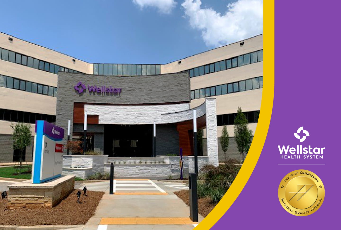 Exterior photo of Wellstar North Fulton Medical Center. Wellstar and Joint Commission logos.