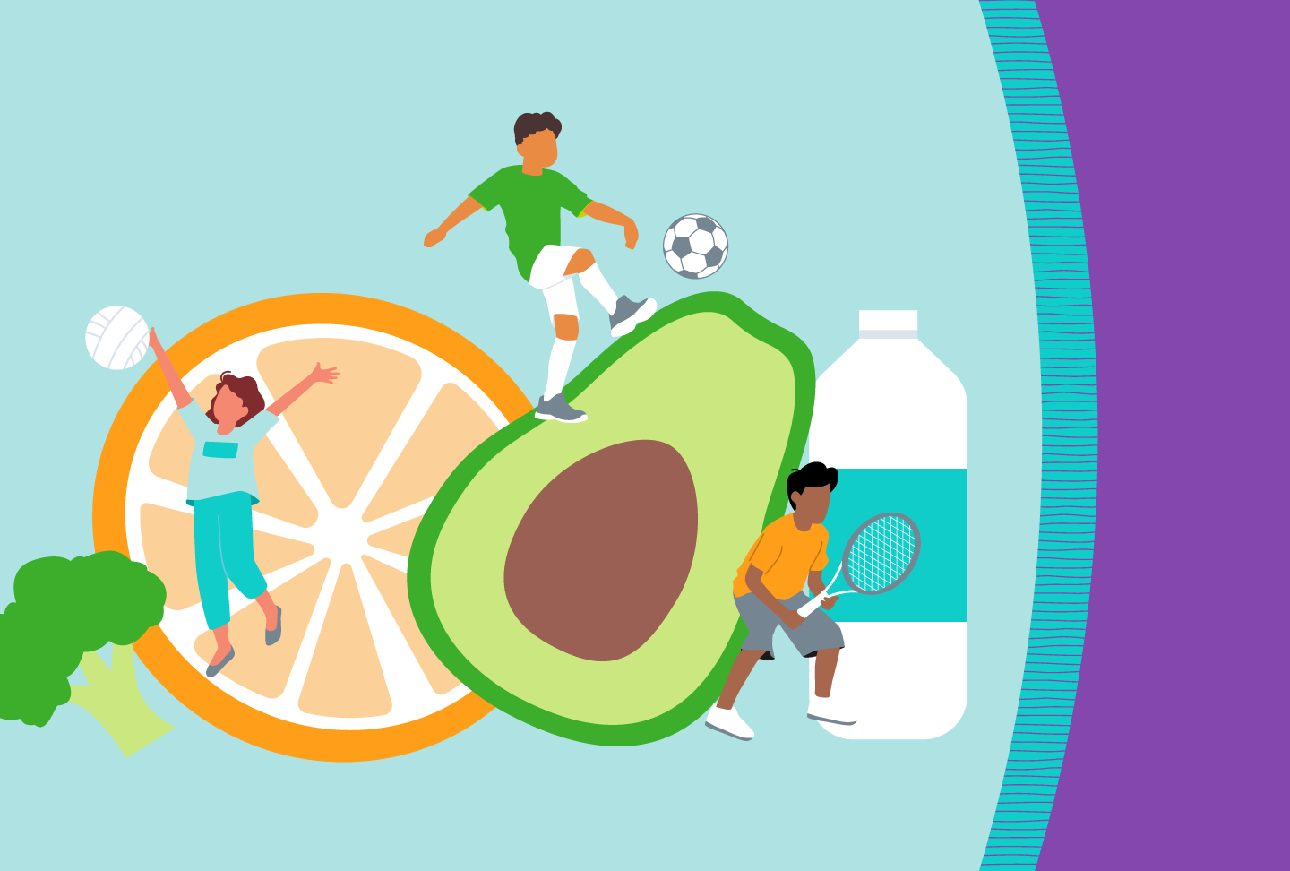 Illustration of children playing sports surrounded by fruits and vegetables, water bottle