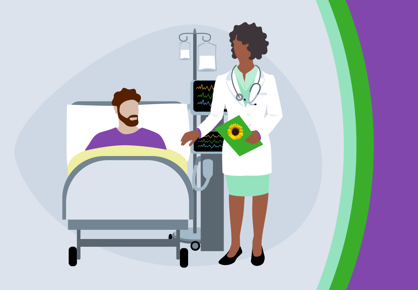 Illustration of provider speaking with patient. Provider holding green card with sunflower logo.