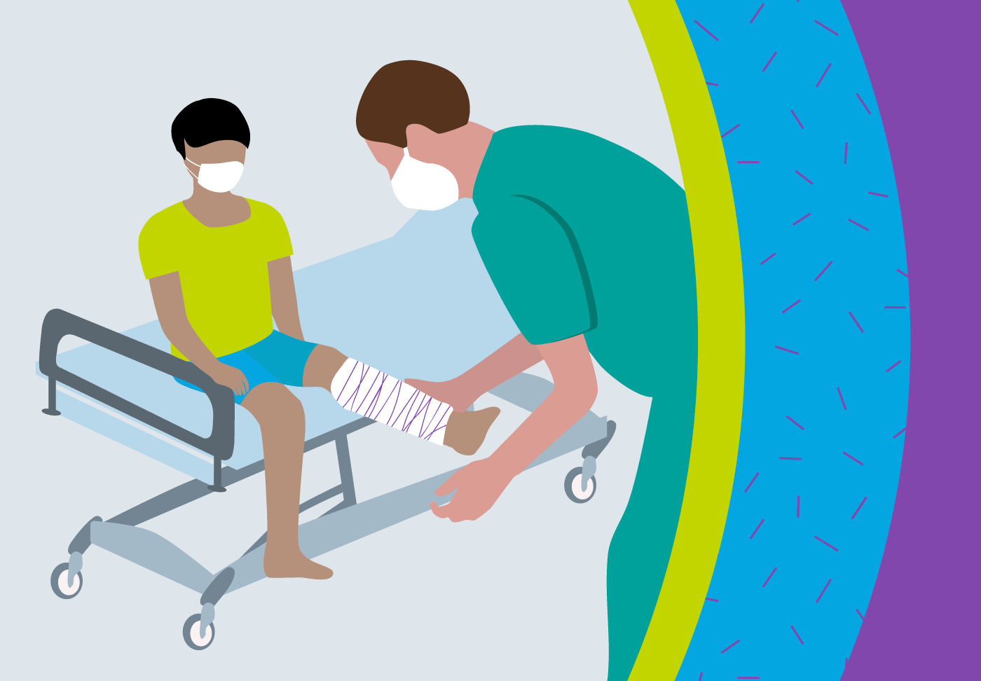 Child with a broken leg being cared for by a pediatric specialist.