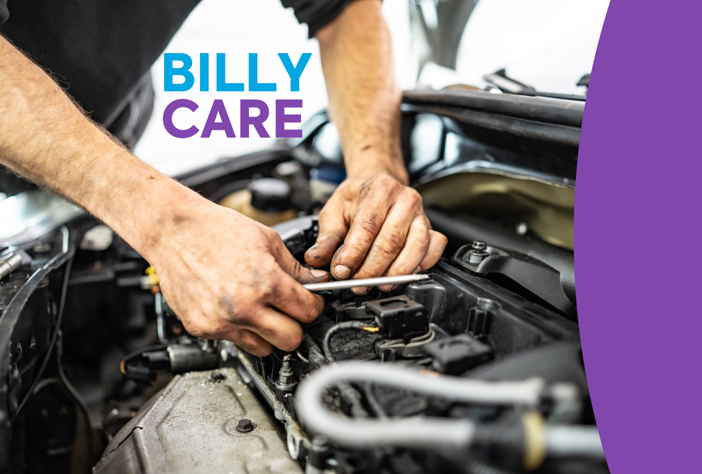 BillyCare Close up of man’s hands working on vehicle engine.