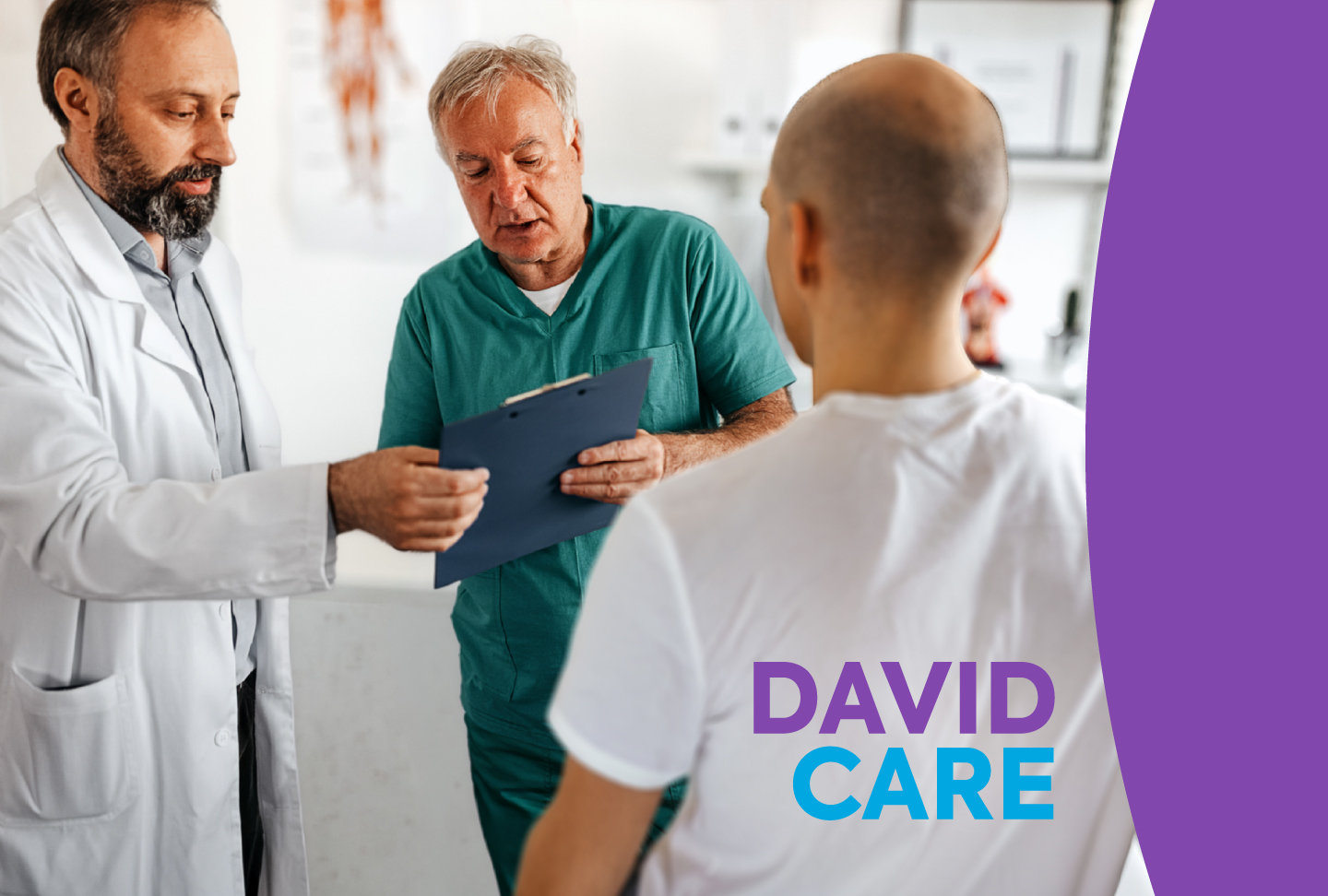 Male and female head and neck cancer specialists stand together looking at a chart and discussing the best treatment for a complex case of head and neck cancer.