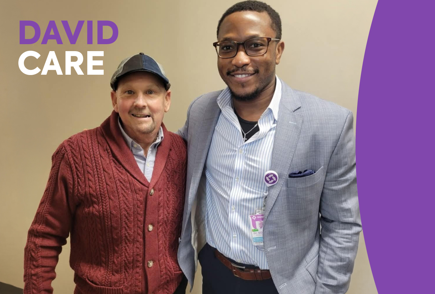 David Butler stands, smiling, with Dr. Fiyin Sokoya, a dual board-certified head and neck cancer specialist and facial plastic surgeon at Wellstar.