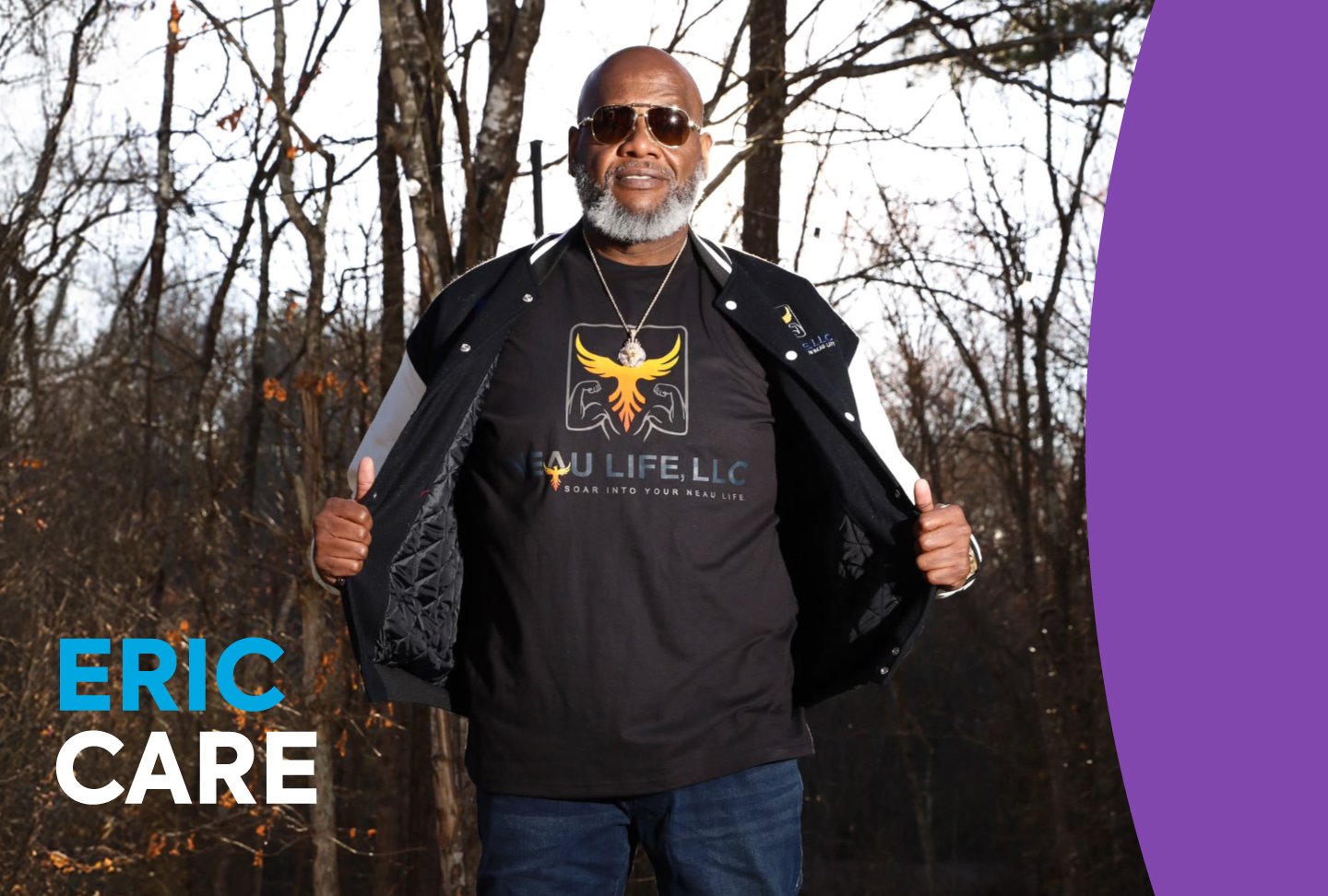 Eric Janeau stands tall and proud showing off his Neau Life t-shirt. The word "Neau" is a double play on words: his last name and his second chance at life after his Wellstar doctors helped him overcome cancer and a host of conditions caused by excess weight. Neau Life is the name of his cancer support group and podcast. 