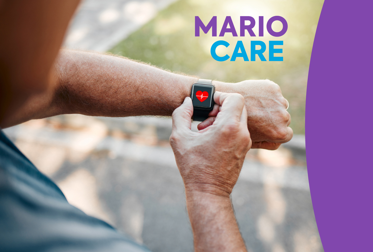 Person looking at heart rate on smart watch. Text reads "Mario Care"