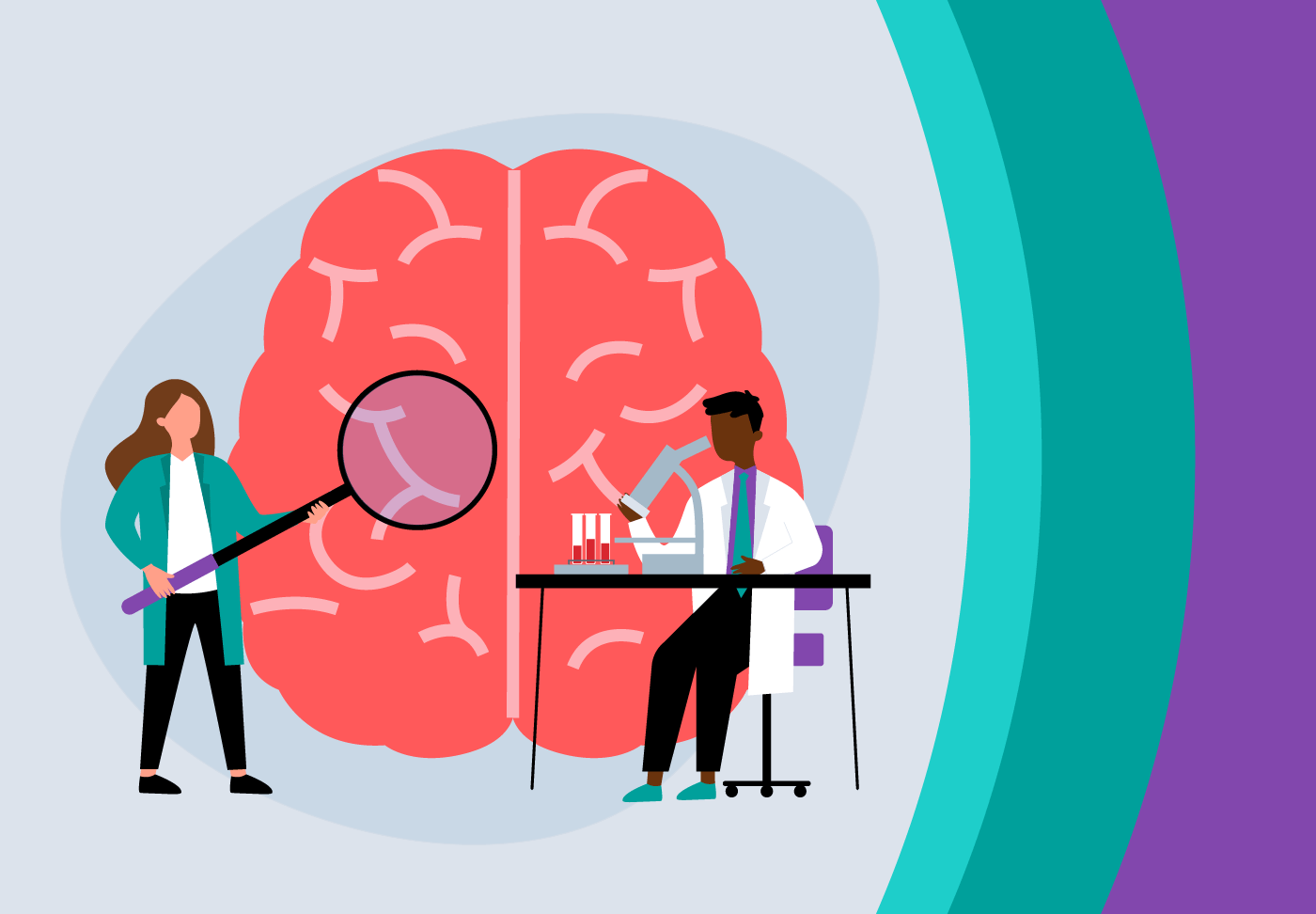 An artistic representation of stroke experts inspecting a brain with a magnifying glass.