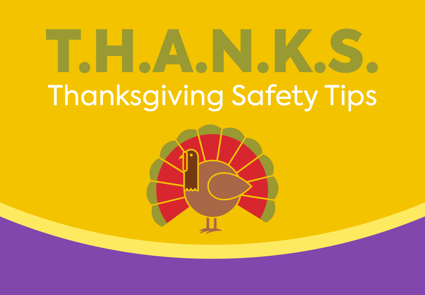 Illustration of a turkey and text T.H.A.N.K.S Thanksgiving Safety Tips.