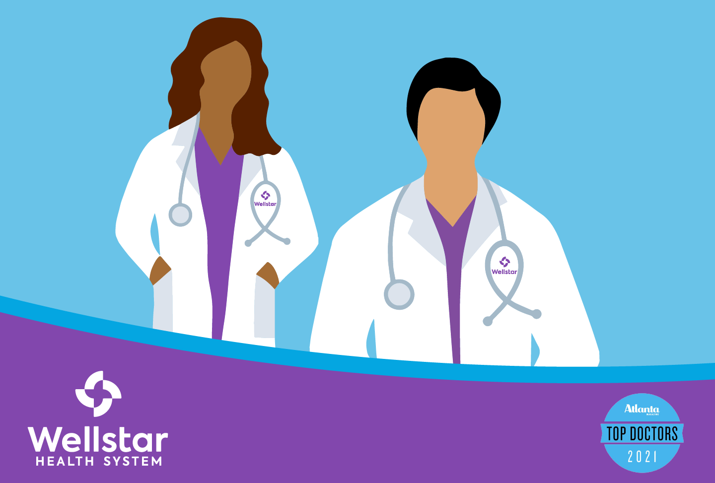 Illustration of two physicians with Wellstar and Top Doctors logos