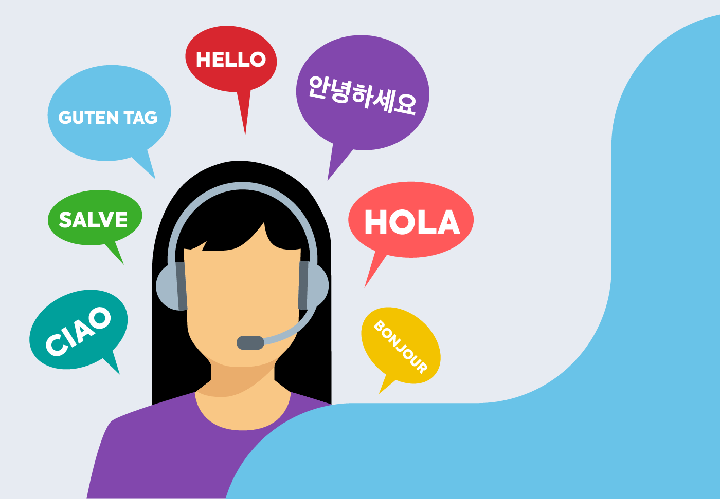Illustration of person wearing headset, surrounded by speech bubbles with "hello" in several languages