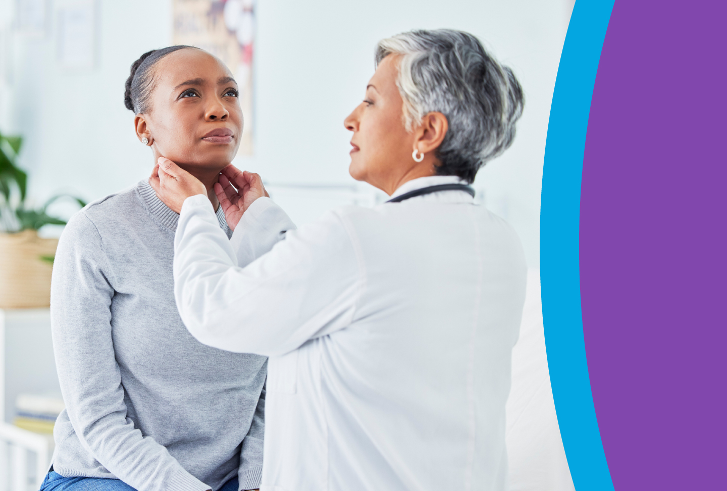 Female Wellstar head and neck cancer physician performs physical exam of female patient's neck area. 