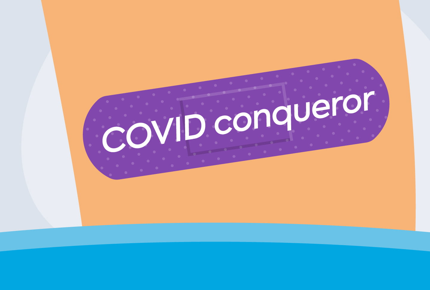 Illustration of arm with purple bandage that reads "COVID conqueror"