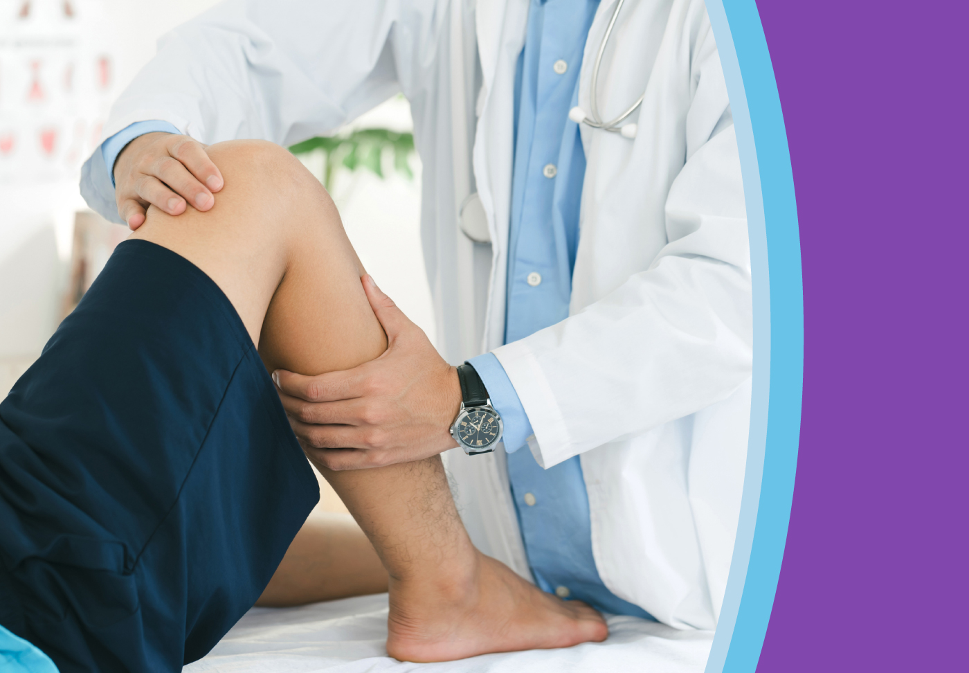 Orthopedic healthcare provider examines his patient's leg and knee