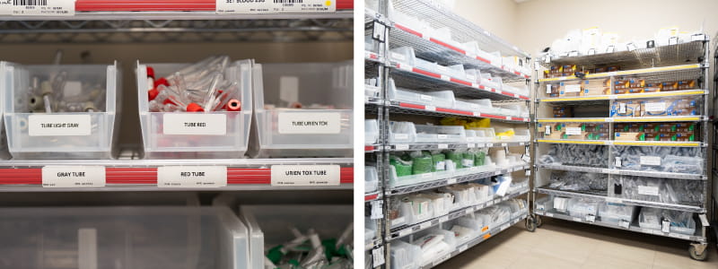 Display of carefully organized medical supplies in bins on shelves