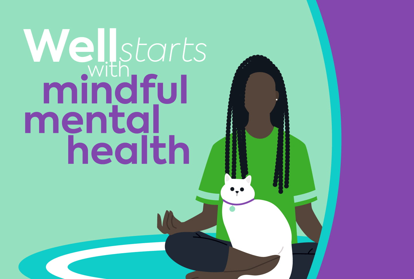 Illustration of person meditating with cat. Text reads "Well starts with mindful mental health"