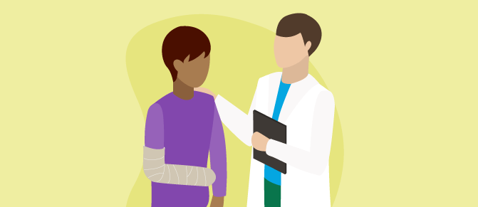 Illustration of a physician comforting a patient who has a bandaged arm