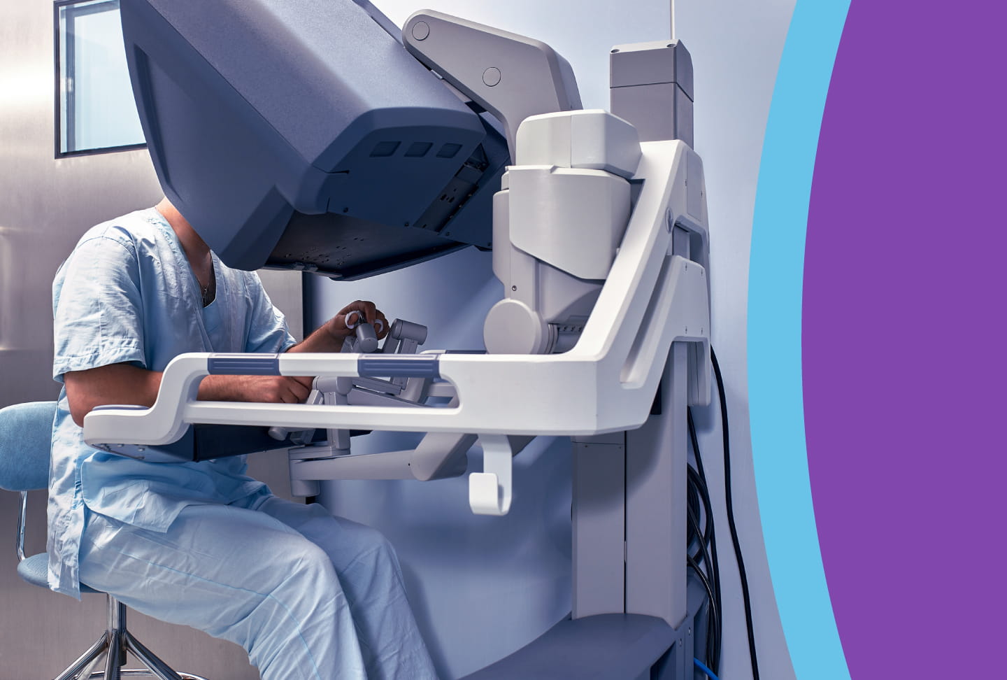image of surgeon seated at robotic system console with hands guiding the controls